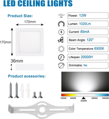 12W Modern Square LED Ceiling Lights - Flush Panel Lamp for Living Room, Kitchen, Utility Room