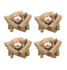 Rustic Driftwood Wooden Tea Light Candle Holder with Glass