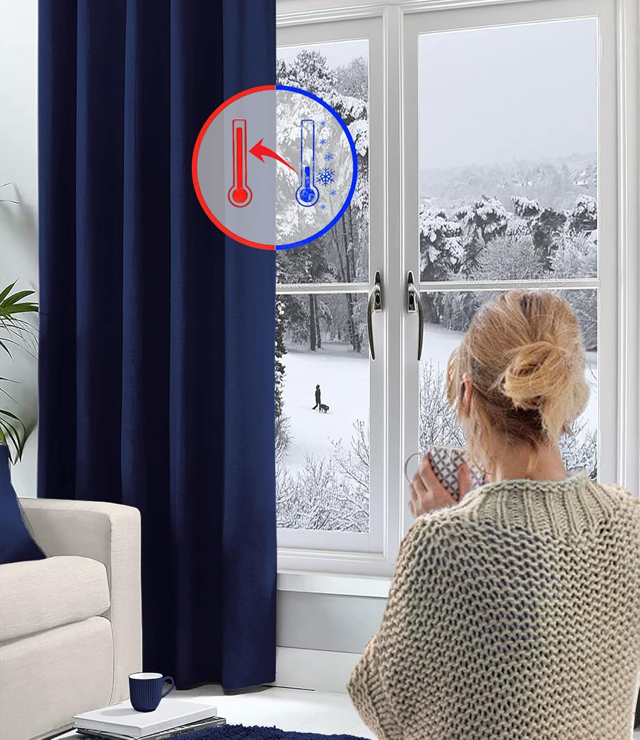 Thermal Blackout Eyelet Curtains with Tiebacks – 46x72 Inch, Navy Blue, 2 Panels