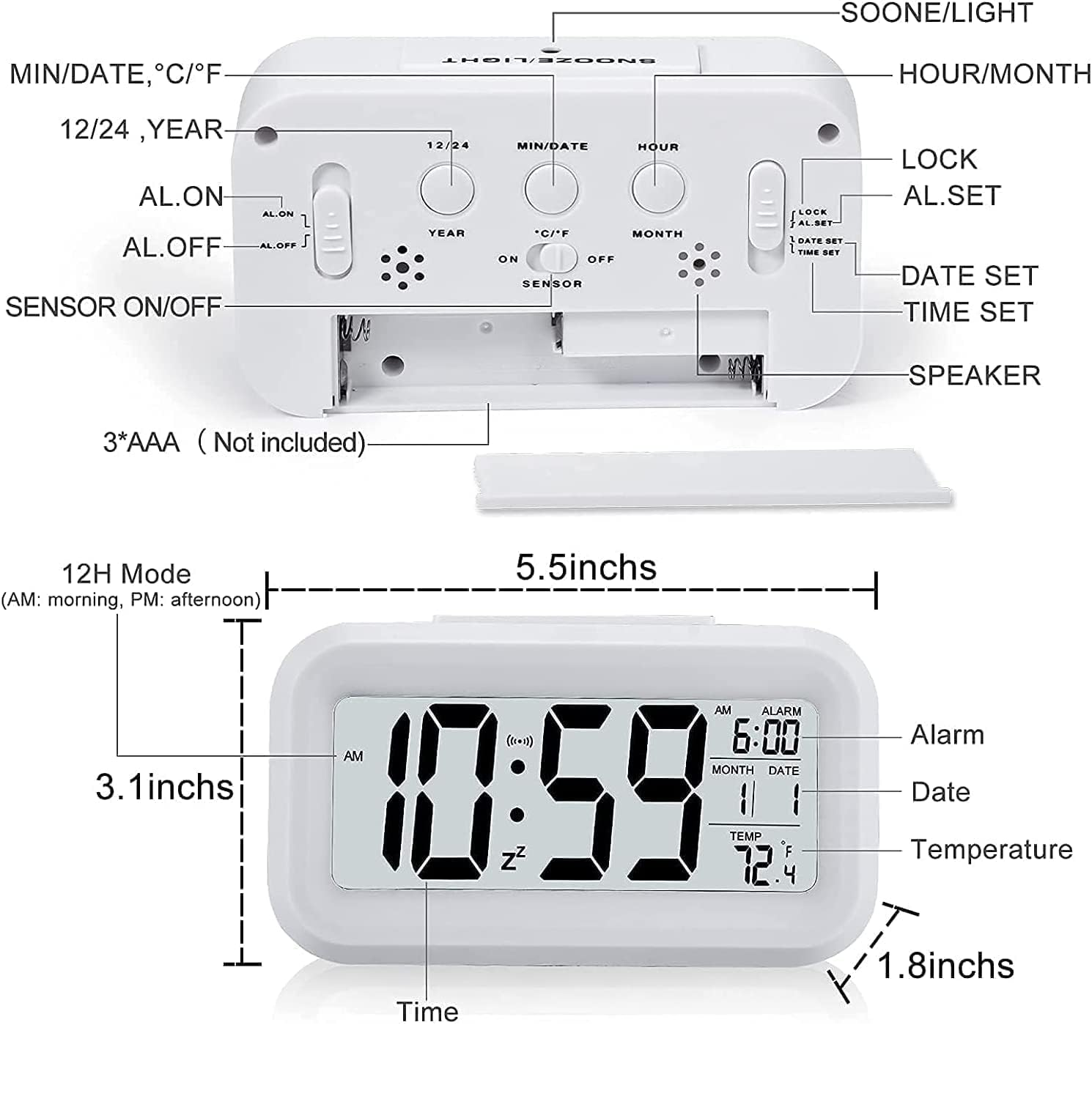 Upgraded Digital Alarm Clock with Temperature, Snooze, Calendar & LED Display