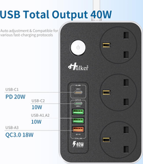 3 Way Extension Lead with USB-C & Fast Charge Ports – 5 USB, 2M Power Strip 3250W