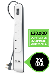 4 Way Extension Lead with 2 USB Ports 2.4A – 2M Surge Protected Power Strip, White