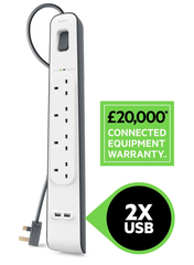 4 Way Extension Lead with 2 USB Ports 2.4A – 2M Surge Protected Power Strip, White