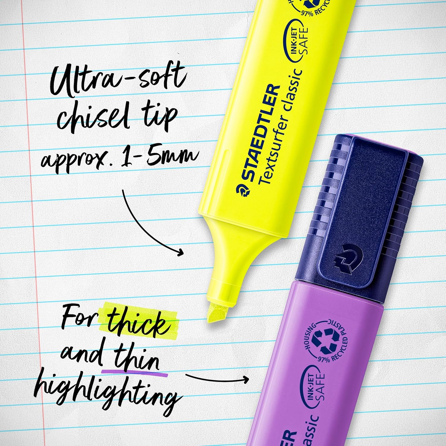 Textsurfer Classic Highlighters – Pack of 4 Assorted Bright Colours, Chisel Tip