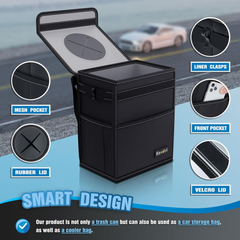 Foldable Car Bin with Lid – Waterproof Vehicle Trash Can with Adjustable Straps & Pockets
