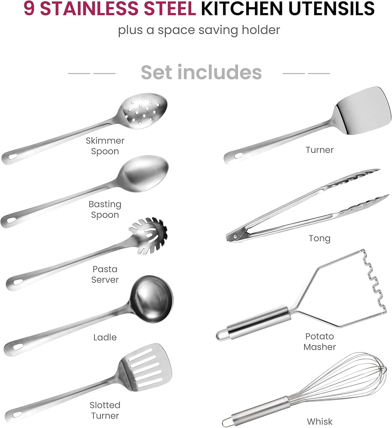 10-Piece Stainless Steel Kitchen Utensil Set – Nonstick, Heat-Resistant Cooking Tools with Holder
