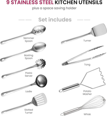 10-Piece Stainless Steel Kitchen Utensil Set – Nonstick, Heat-Resistant Cooking Tools with Holder