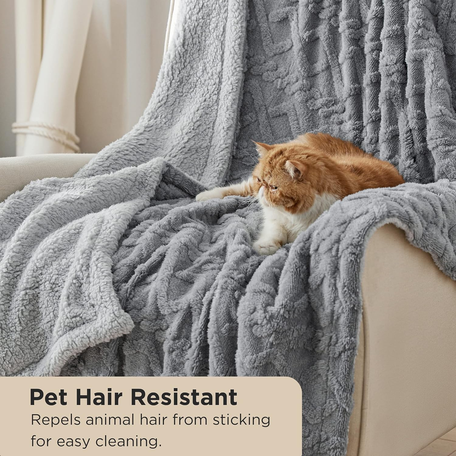Bedsure Sherpa Fleece Throw Blanket – Soft Cozy Warm Jacquard Sofa & Bed Throw, Grey 130x150 cm