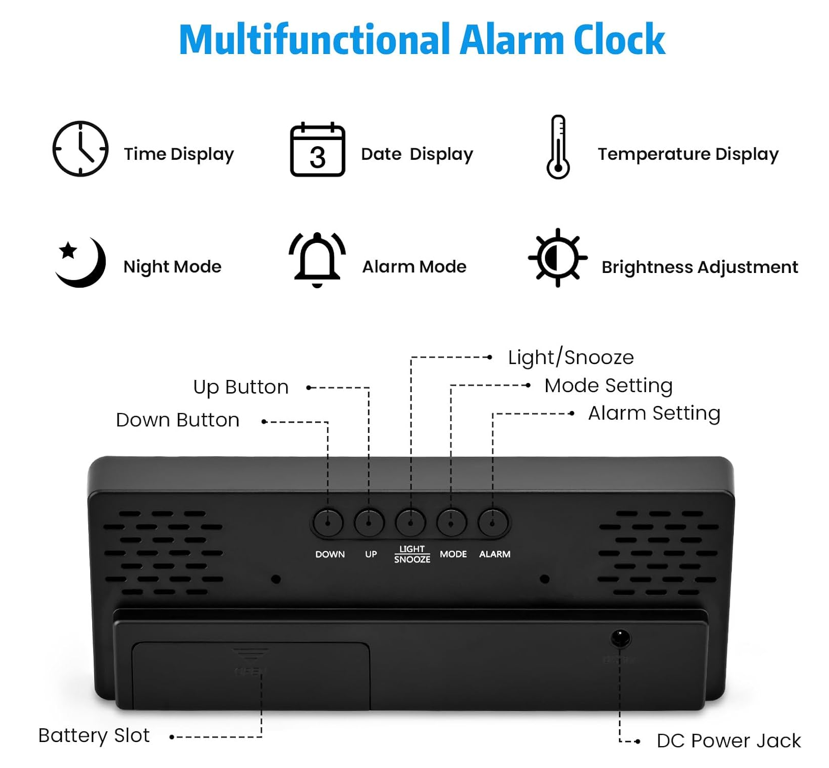Digital LED Alarm Clock with Snooze, Temperature & Adjustable Brightness