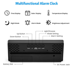 Digital LED Alarm Clock with Snooze, Temperature & Adjustable Brightness