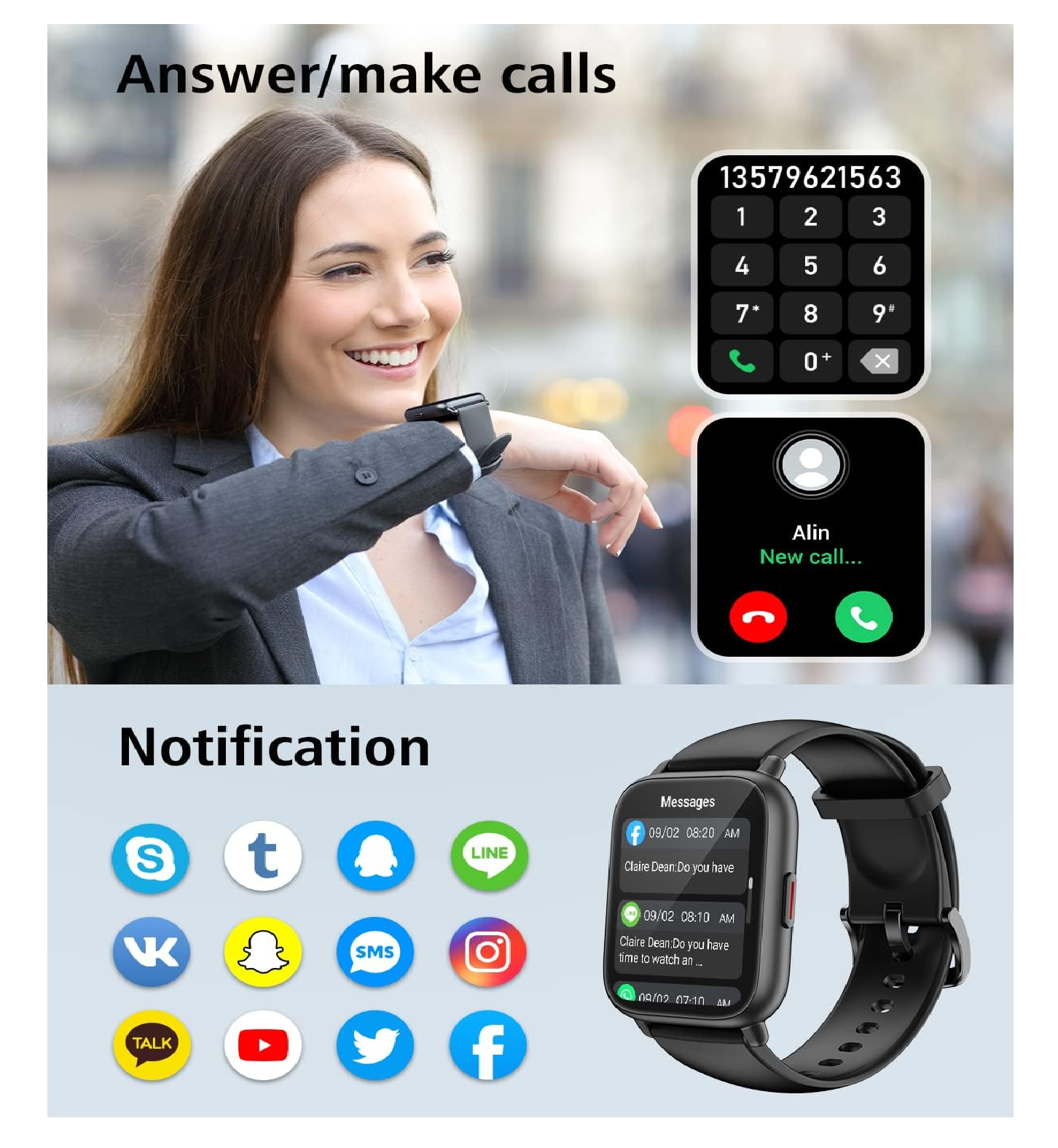 Smart Watch with Call, 1.85" HD Touch Fitness Tracker Heart Rate SpO2 for Android iOS