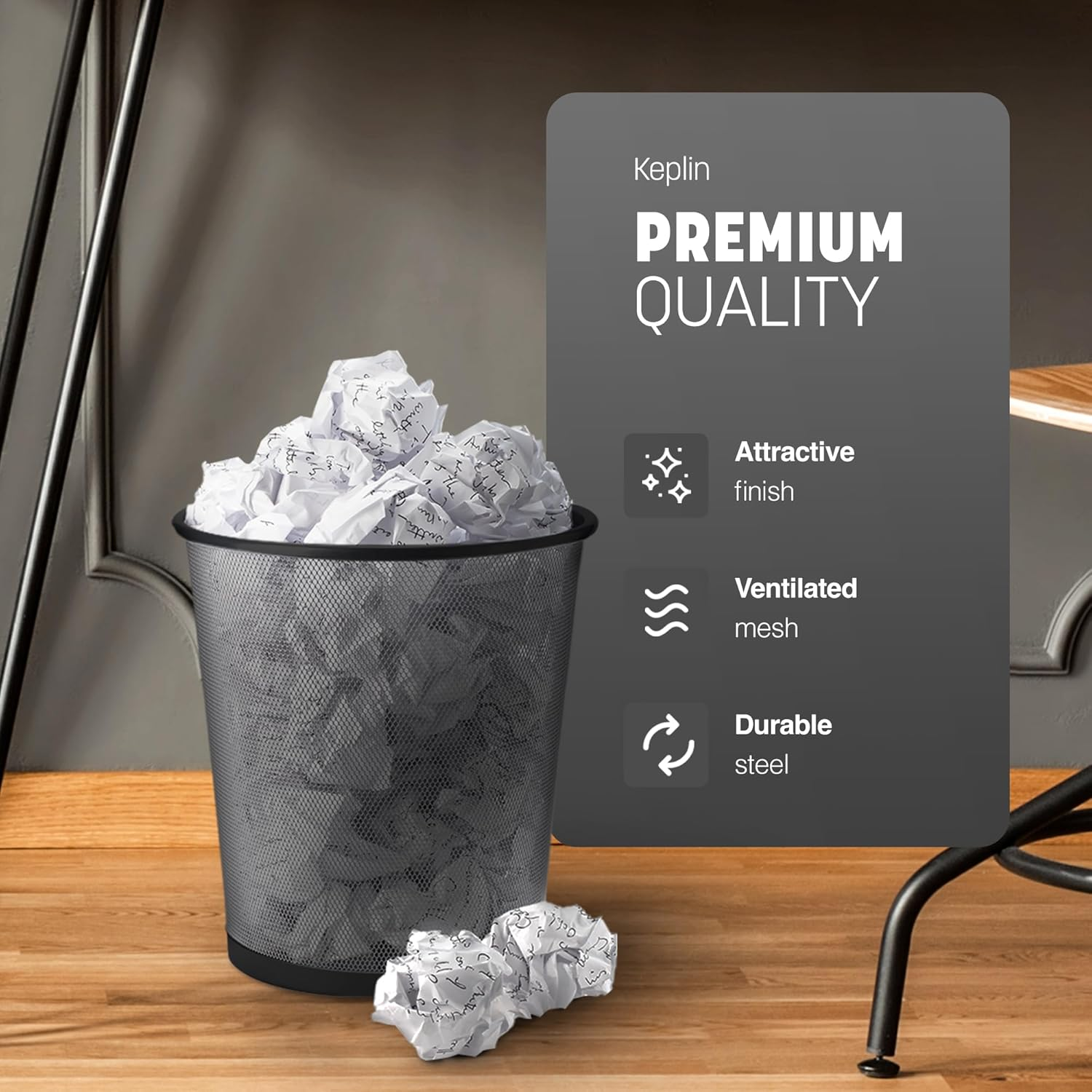 Round Mesh Waste Bin – 1 Pack Black Metal Trash Can for Home & Office Use