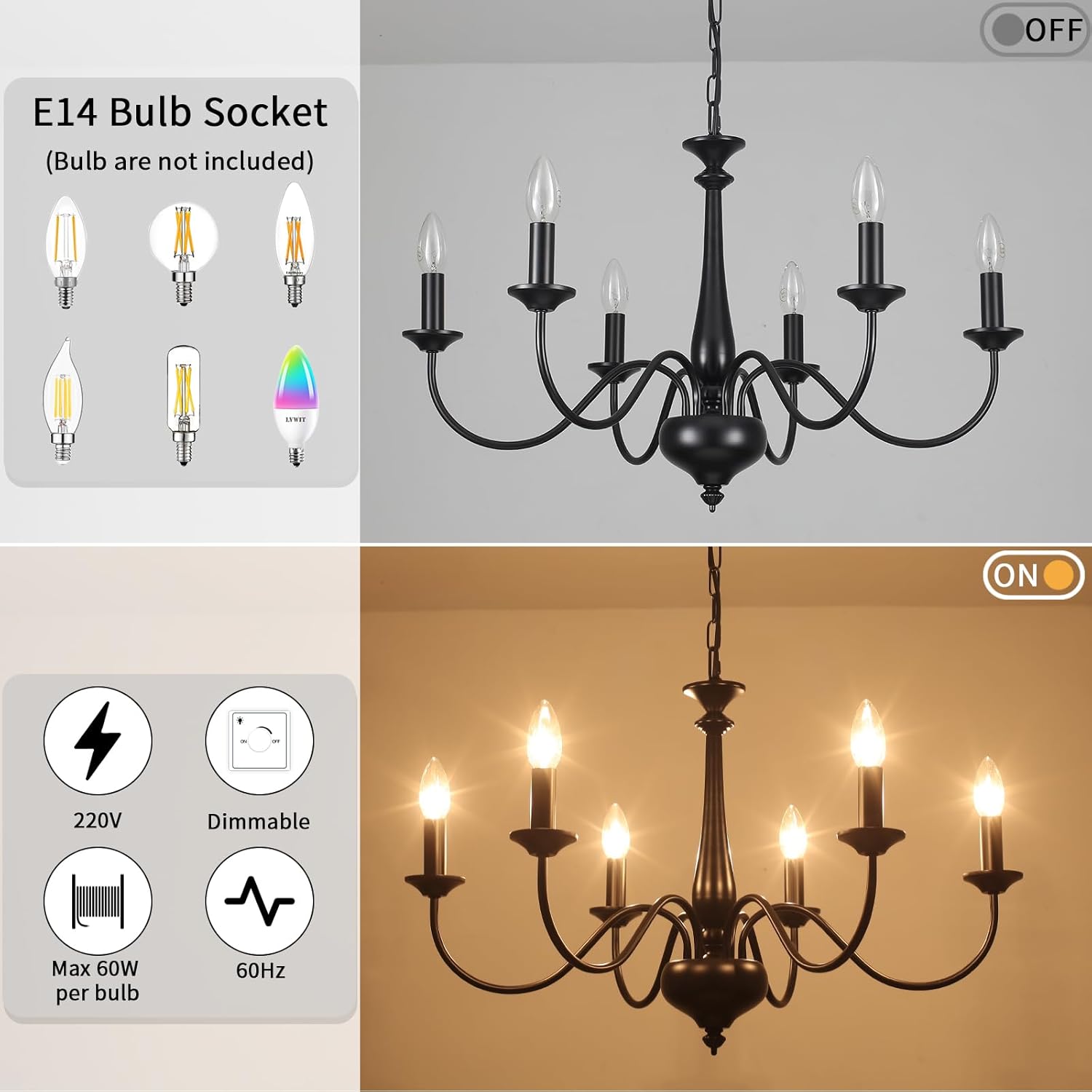 6-Light Black Chandelier – E14 Ceiling Light for Living Room, Dining, Bedroom, Kitchen