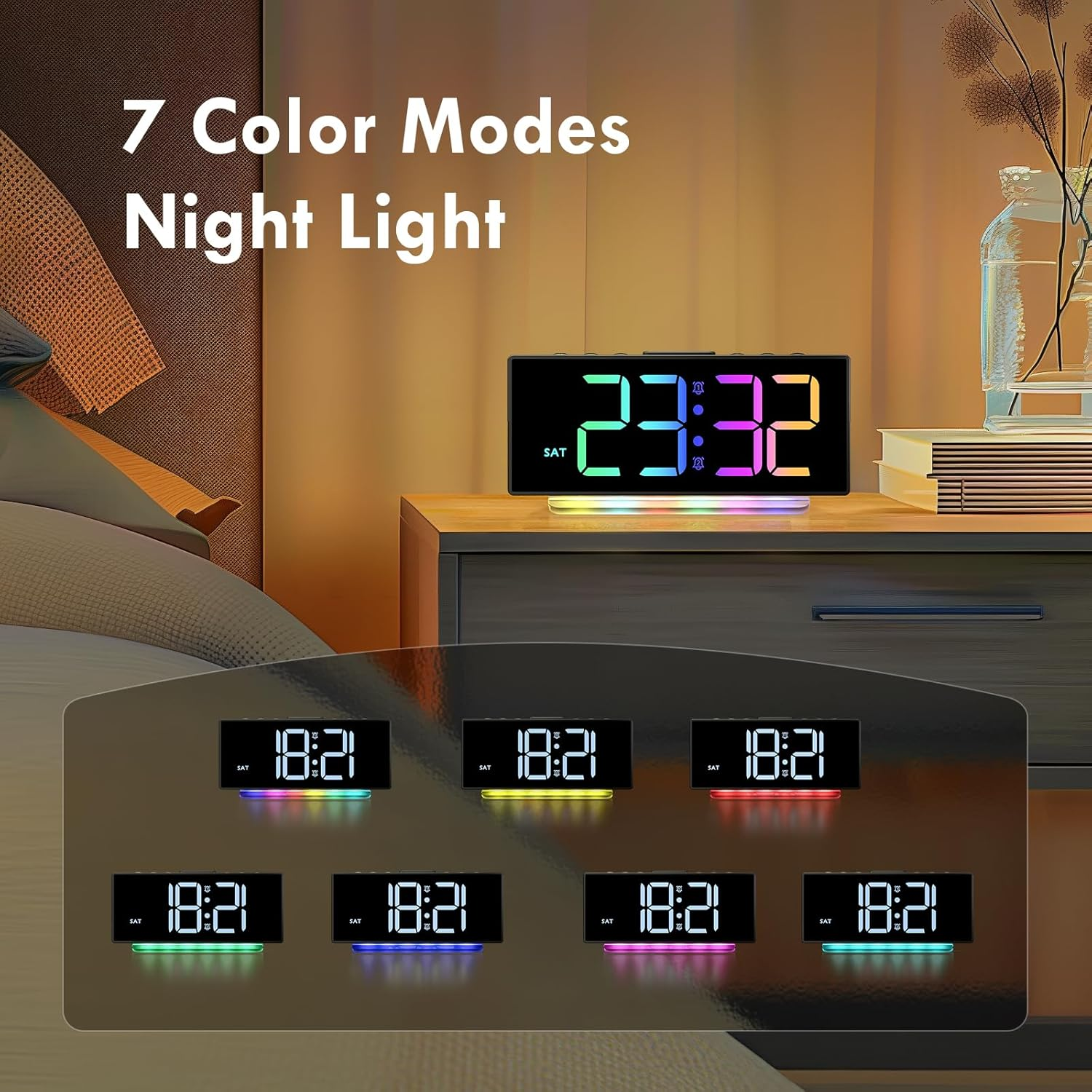 Curved Digital Alarm Clock with RGB Night Light, Snooze & Adjustable Brightness