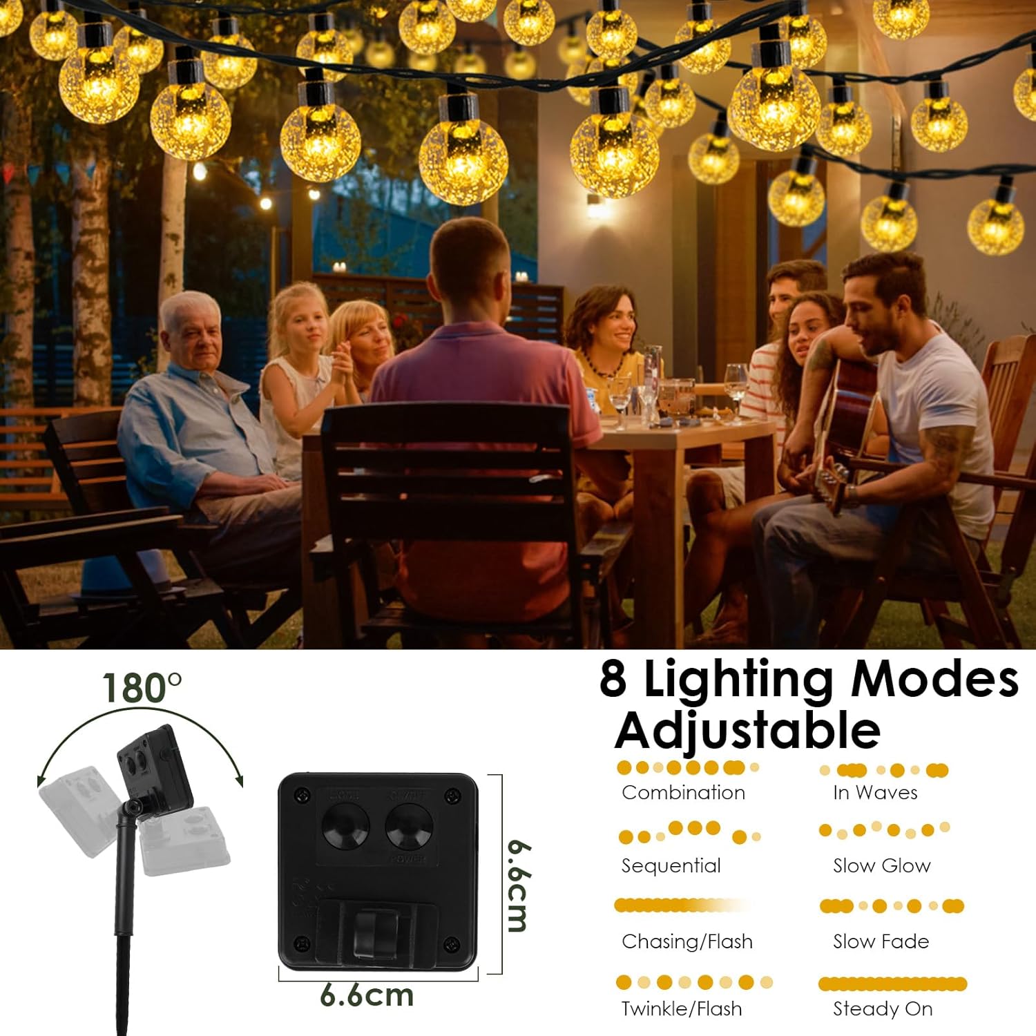 Solar Garden String Lights – 60 LED Crystal Ball, 12M, 8 Modes, IP65 Waterproof, Warm White