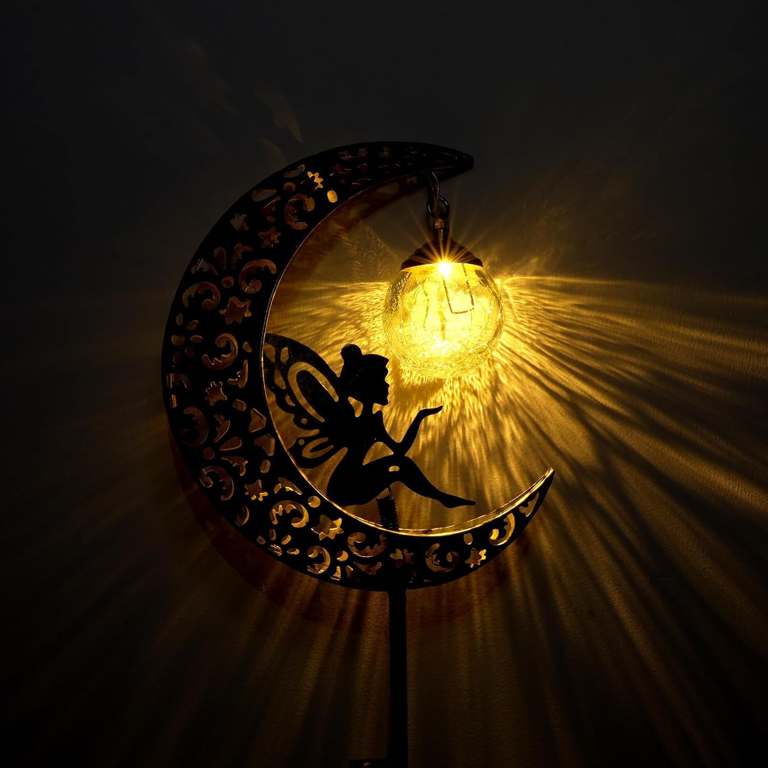 Solar Lights Outdoor Garden Ornaments – Moon Fairy Solar Crackle Glass Lights, Waterproof LED Metal Stake Light for Patio, Lawn & Pathway Decorations