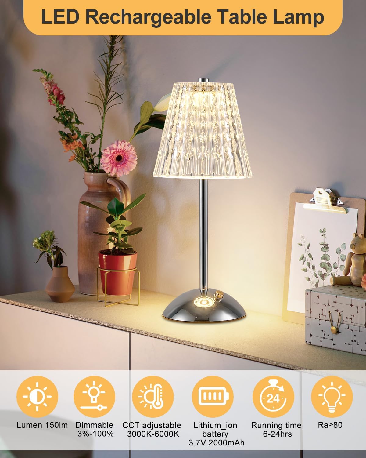 Rechargeable Gold Table Lamp, Touch Dimmable LED Desk Light