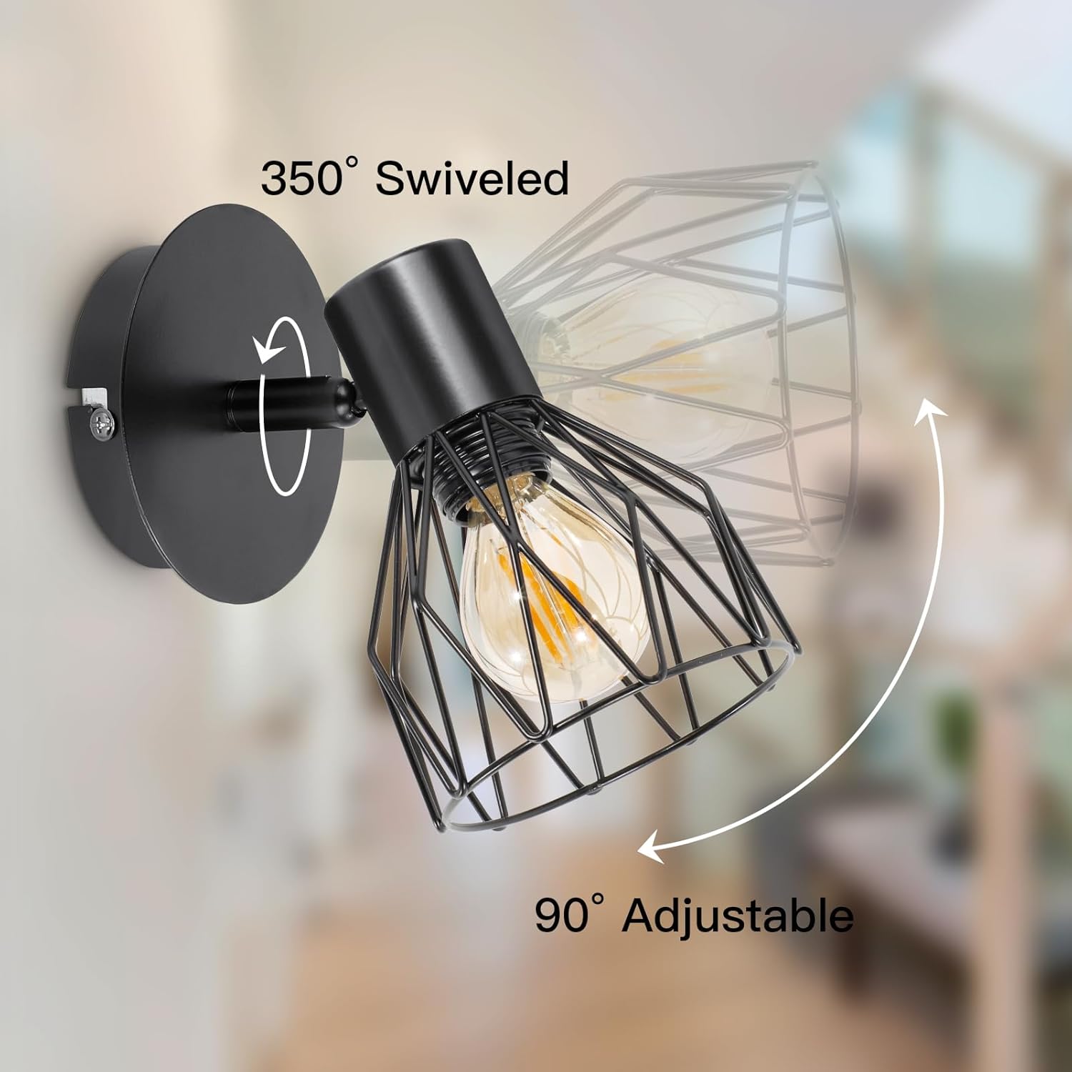 Adjustable Industrial Black Metal Cage Wall Lights, 2 Pack