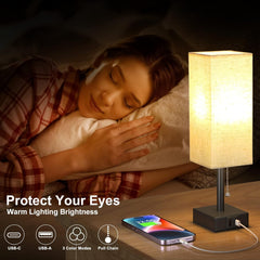 USB Bedside Table Lamp with 3 Color Modes & Pull Chain