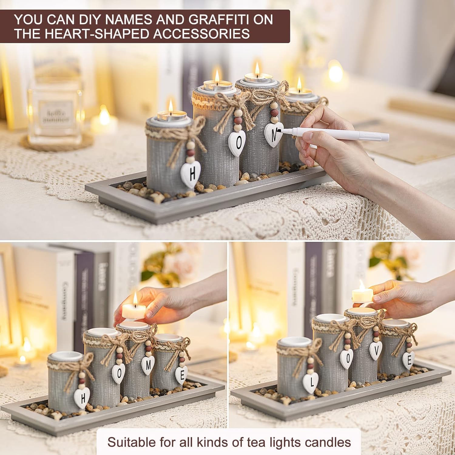 Set of 4 Wooden Tealight Candle Holders with Tray
