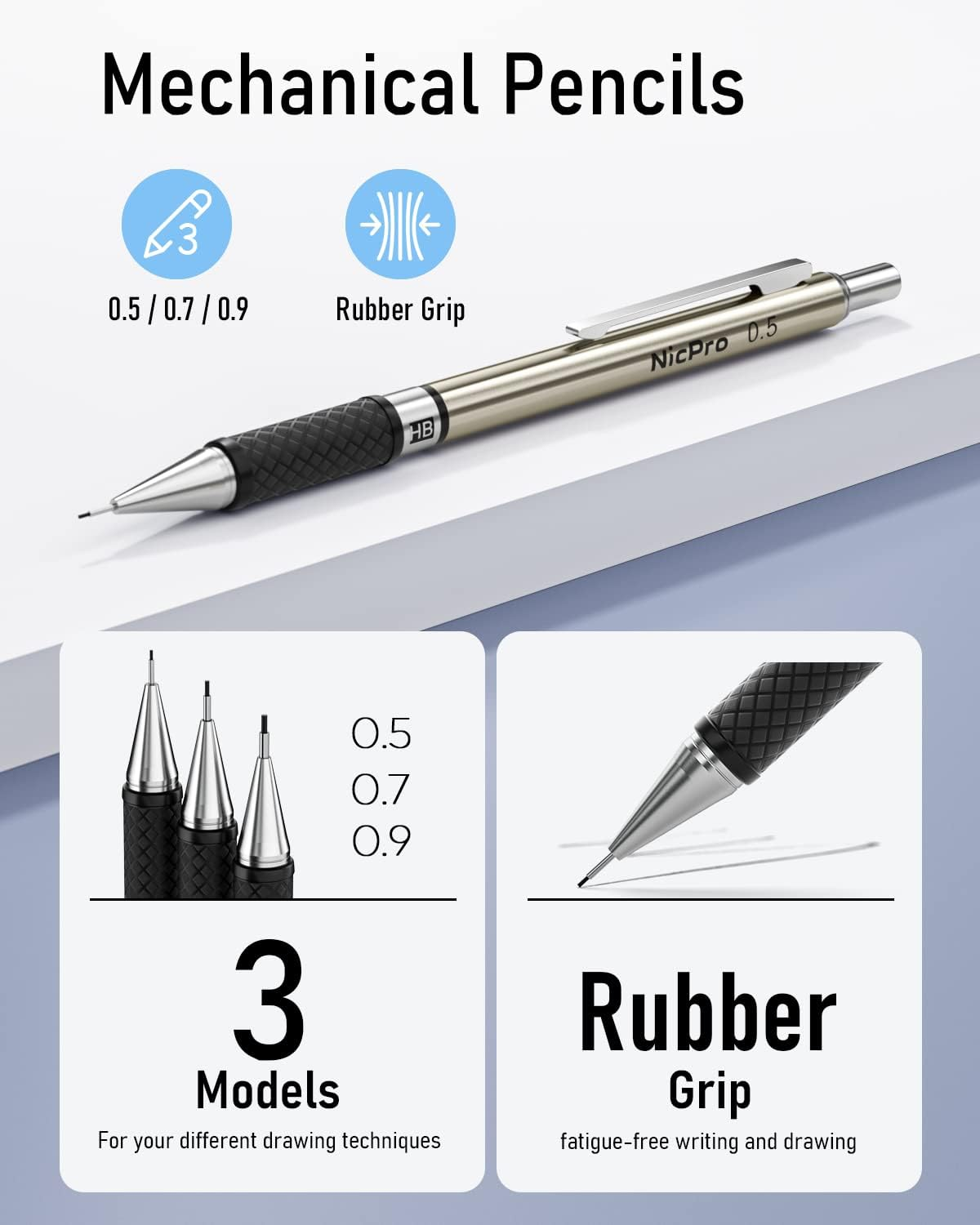 6PCS Mechanical Pencil Set – 0.5mm 0.7mm 0.9mm & 2mm Lead Holders with 12 Tube Refills