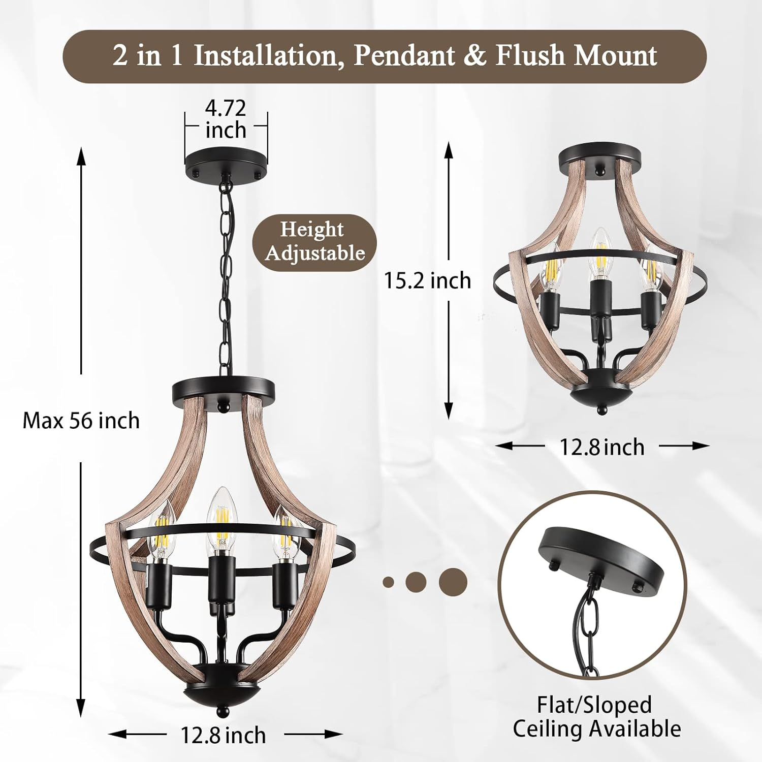 4-Light Farmhouse Chandelier – Retro Flush Mount Ceiling Light Fixture with Wood Grain Finish & Black Metal for Hallway, Dining Room & Bedroom