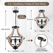 4-Light Farmhouse Chandelier – Retro Flush Mount Ceiling Light Fixture with Wood Grain Finish & Black Metal for Hallway, Dining Room & Bedroom