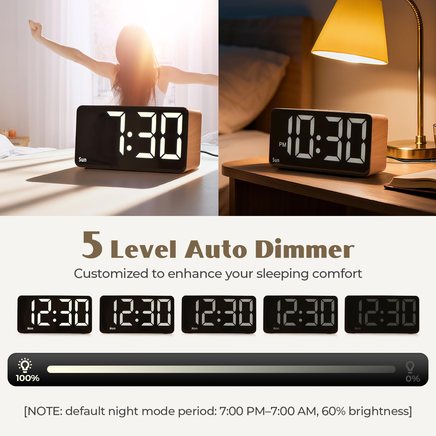 Wood Grain Digital Alarm Clock with Dual Alarms, Snooze & Adjustable Brightness