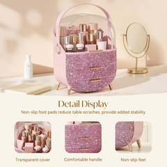 Rhinestone Pink Makeup Organizer with Drawers – Large Dustproof Cosmetic Box
