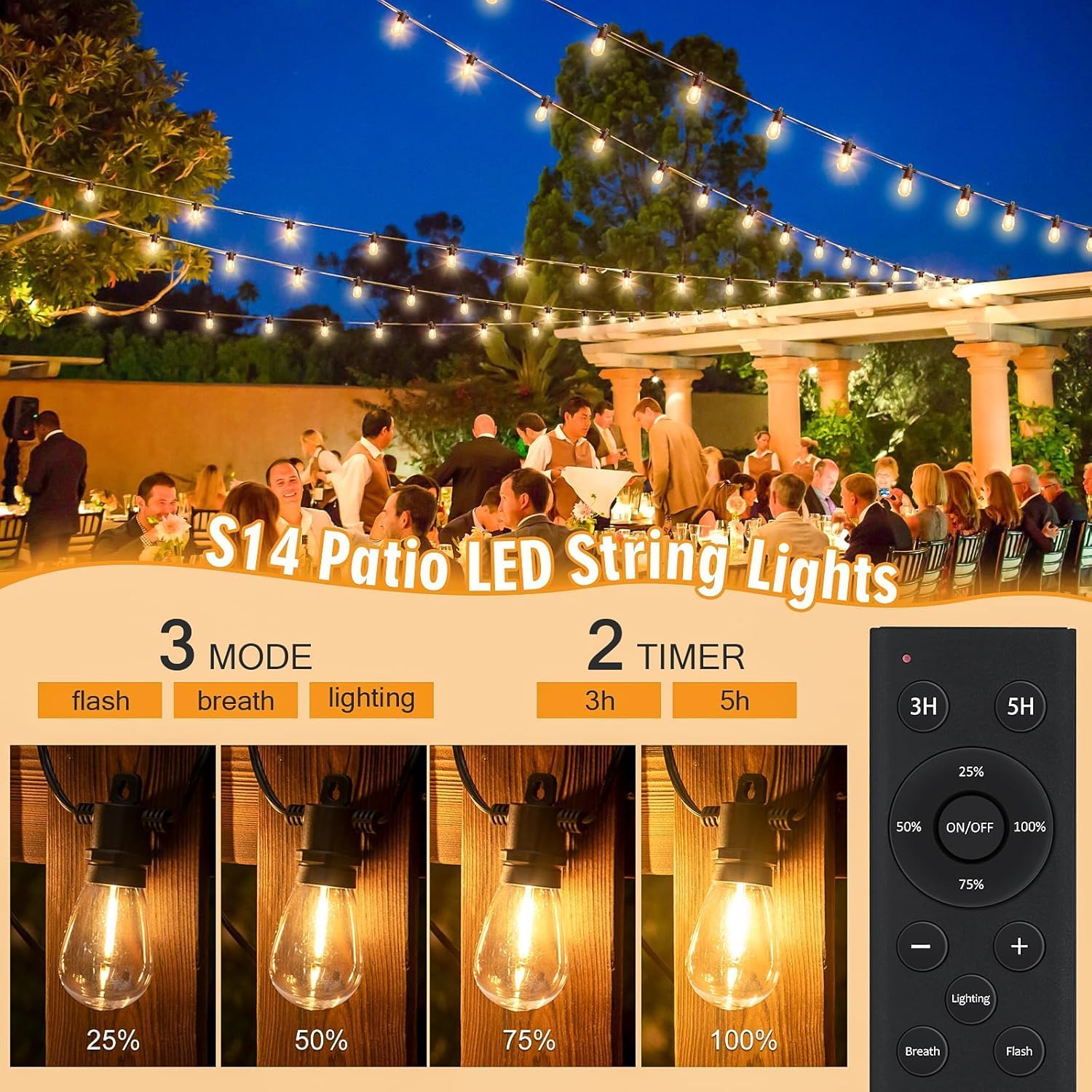 150ft Outdoor Festoon Lights with Remote & Dimmable LEDs