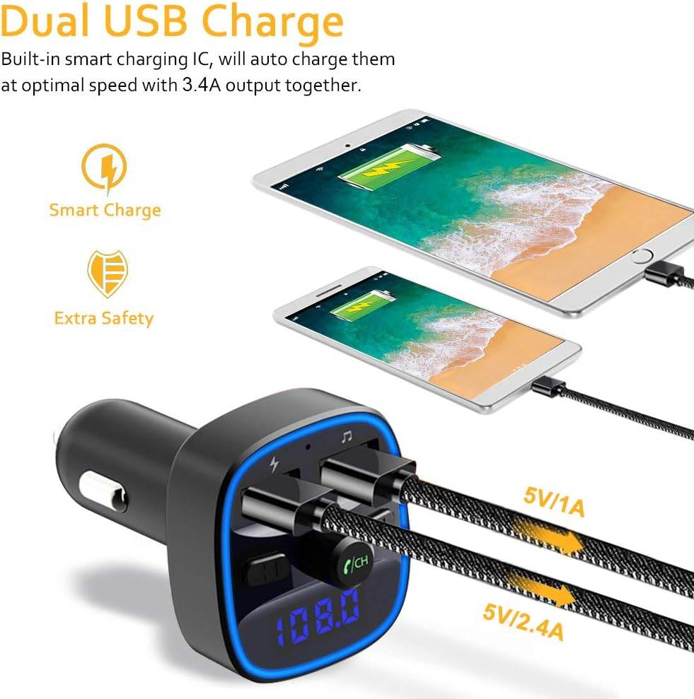 Bluetooth FM Transmitter for Car – Wireless Radio Adapter with Hands-Free Calls & LED