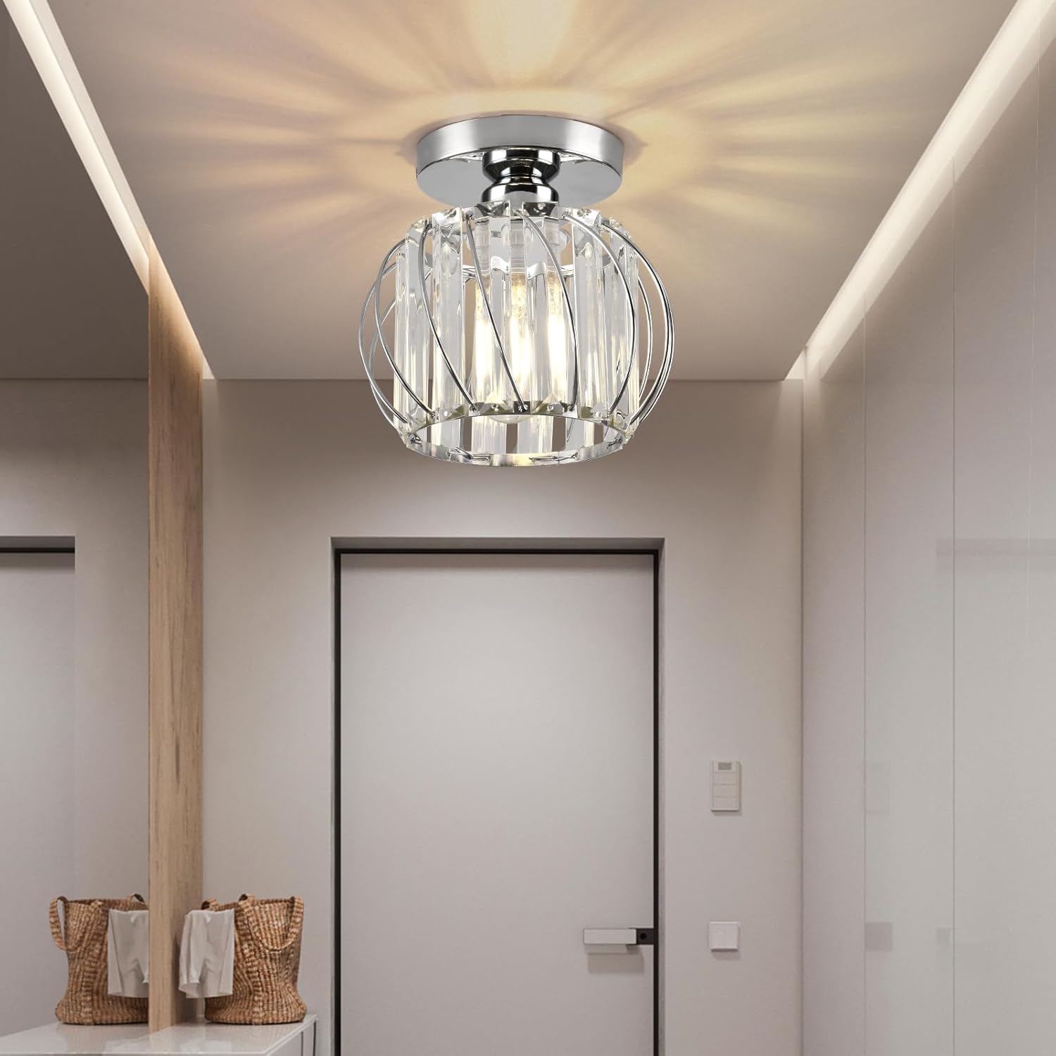 Modern Crystal Semi Flush Ceiling Light, Chrome Mini Fixture