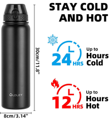 1L Stainless Steel Insulated Water Bottle – Black Leakproof Flask with Straw Lid