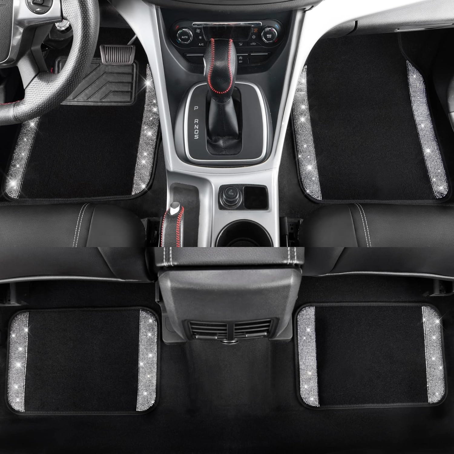 Luxury Bling Diamond Car Floor Mats – 4PCS Sparkly Rhinestone Waterproof Set for Cars, SUVs & Vans (Black Silver)