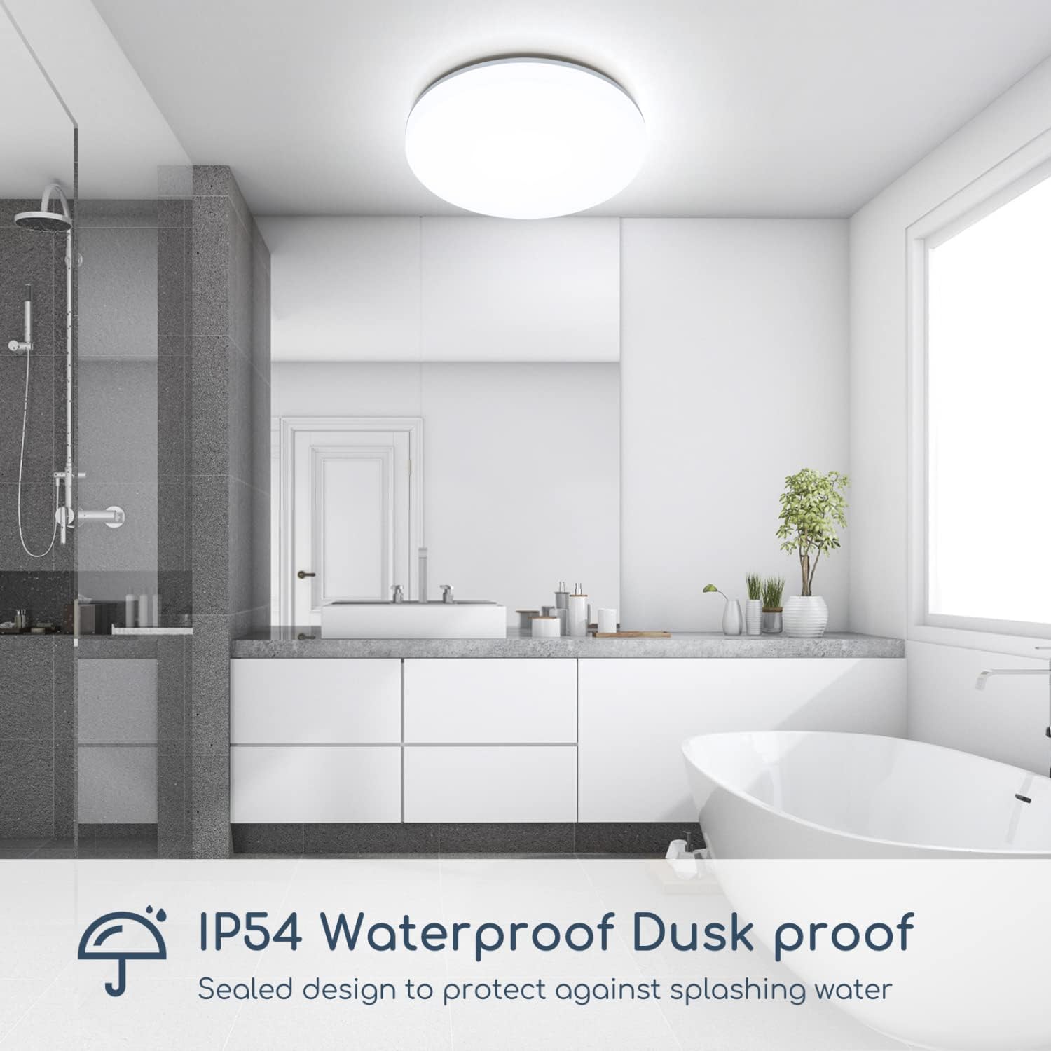 48W LED Bathroom Ceiling Light – IP54 Waterproof Flush Mount Ceiling Light, 4230 Lumens, 6000K Daylight White, Large Round LED Ceiling Lamp for Bathroom, Kitchen, Bedroom, Living Room, Hallway & Office