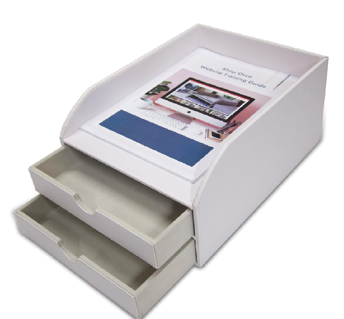 Faux Leather 2-Tier Letter Tray Organiser – White Desk Paper Sorter, Pack of 2