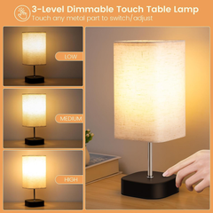 Touch Control Bedside Lamp – 3-Way Dimmable Table Light with Linen Shade & Bulb