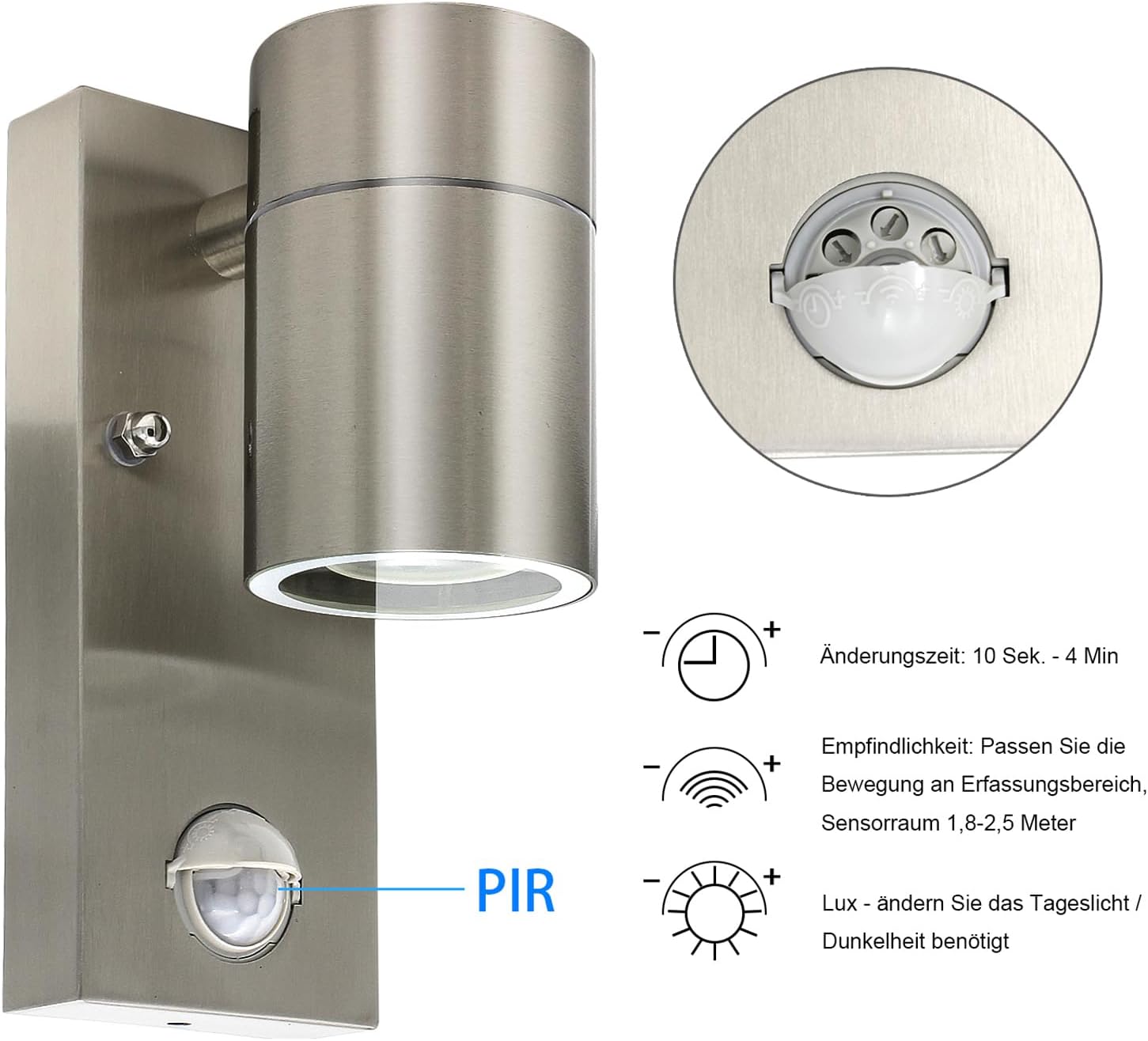 Outdoor Motion Sensor Wall Lights, Downward Outside Lighting Mains Powered, IP44 Silver Stainless Steel Down only GU10 Base, Exterior PIR Detector Security Fixture for Front Door, Porch, Garden