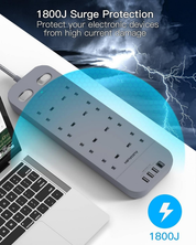 8 Way 5M Extension Lead with Surge Protection & Dual Switches, Grey Power Strip