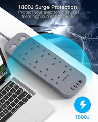 8 Way 5M Extension Lead with Surge Protection & Dual Switches, Grey Power Strip
