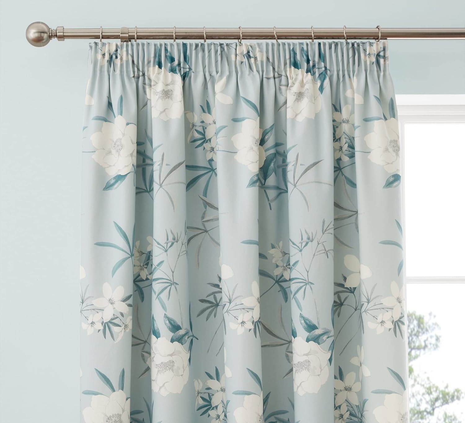 Duck Egg Floral Cotton Curtains 46x72" – Pencil Pleat Vintage Drapes with Tiebacks