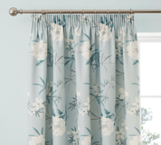 Duck Egg Floral Cotton Curtains 46x72" – Pencil Pleat Vintage Drapes with Tiebacks