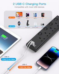 4-Way Extension Lead with 4 USB Ports (2 USB-C), 1.8M Cable & Individual Switches