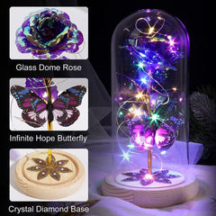 Crystal Flower Galaxy Rose - Valentines Gifts for Her, Mom, Girlfriend, Sister; Rainbow Glass Rose Light for Birthday - Purple