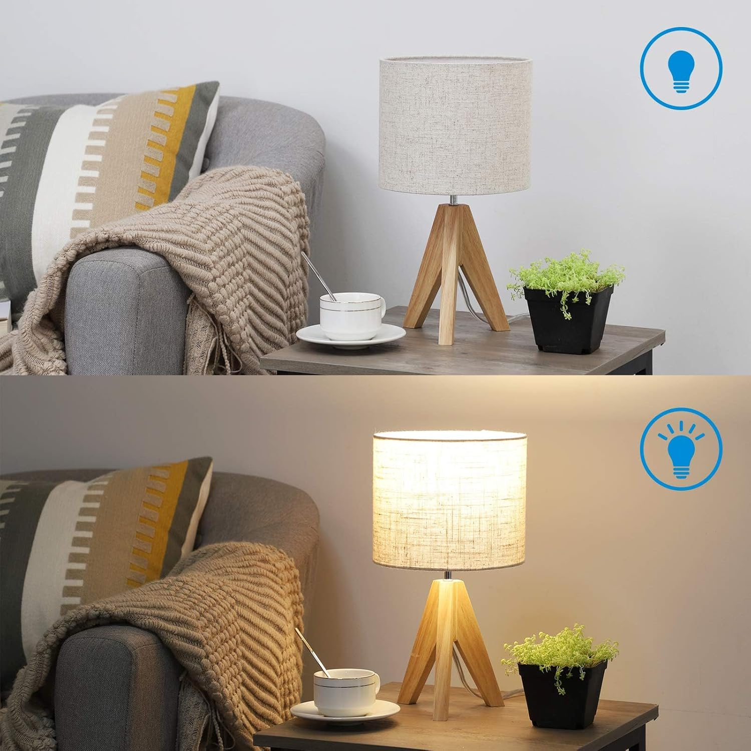 Set of 2 Wooden Bedside Table Lamps – Tripod Desk Lamps with Linen Shades, E27