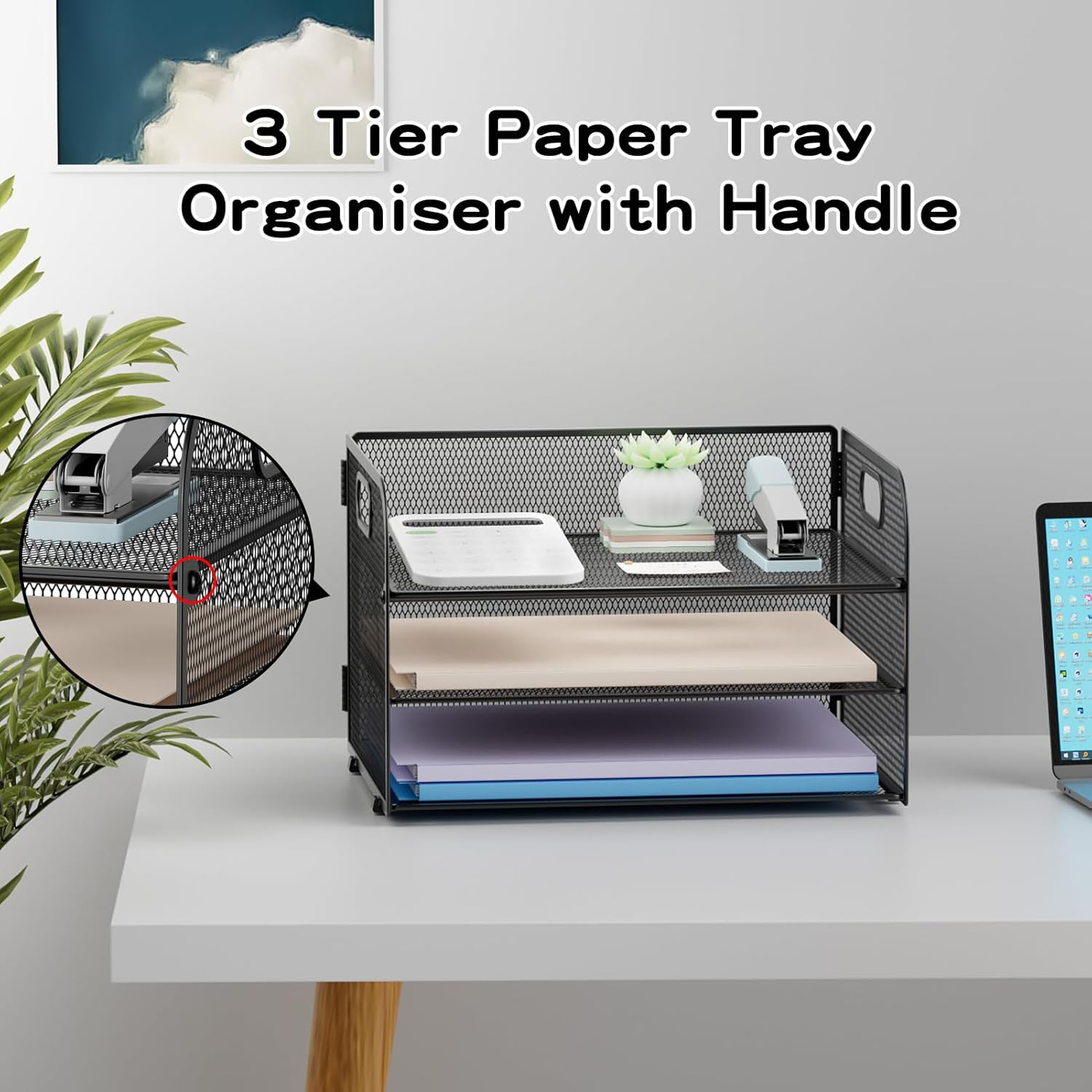 3-Tier Mesh Paper Tray Organiser with Handle – A4 File Holder, Black