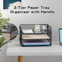 3-Tier Mesh Paper Tray Organiser with Handle – A4 File Holder, Black
