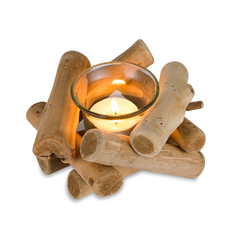 Rustic Driftwood Wooden Tea Light Candle Holder with Glass