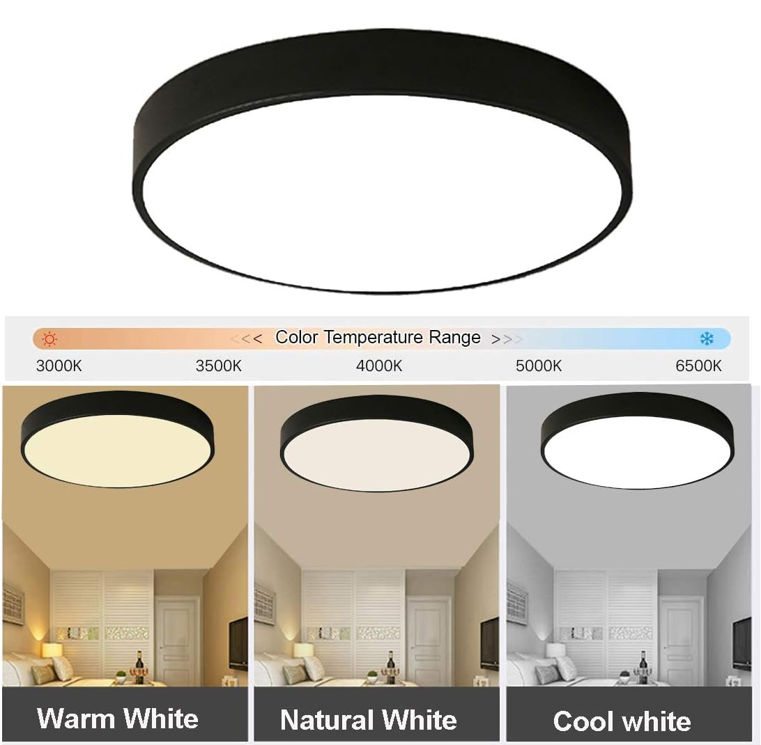 36W LED Flush Mount Ceiling Light, 6500K Cool White, 3600lm, 40cm Round Black Frame Light for Bedroom, Bathroom, Living Room