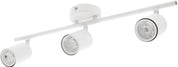 White track light fixture with four lampshades on a white background